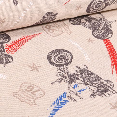 Tissu Toile de Coton Moto Biker sur fond Naturel