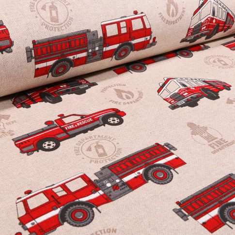 Tissu Toile de Coton Camions pompier sur fond Naturel