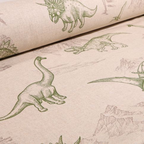 Tissu Toile de Coton Dinosaures et montagnes sur fond Naturel