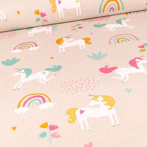 Tissu Toile de Coton Licornes et arc en ciel multicolores sur fond Naturel