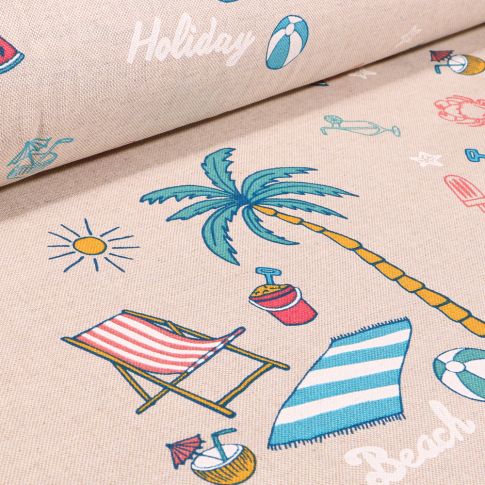 Tissu Toile de Coton Holidays vibes sur fond Naturel