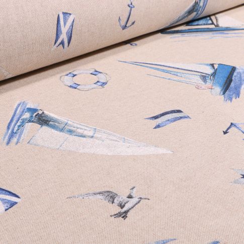 Tissu Toile de Coton Voiliers et mouettes sur fond Naturel