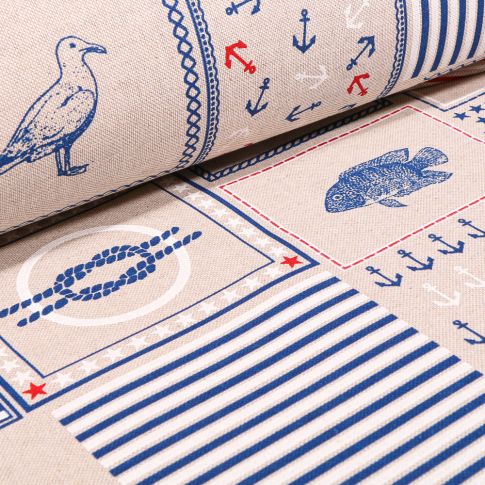 Tissu Toile de Coton Motifs marins sur fond Naturel
