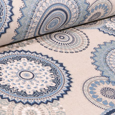 Tissu Toile de Coton Rosaces mandala sur fond Naturel