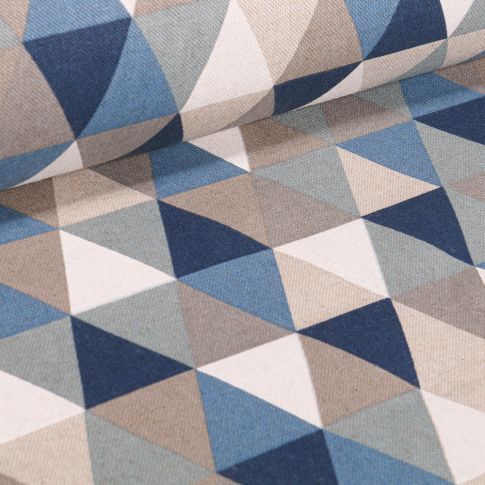 Tissu Toile de Coton Triangles bleus et taupe sur fond Naturel