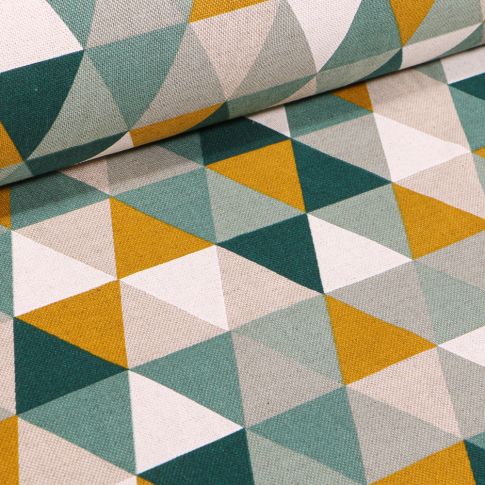 Tissu Toile de Coton Triangles verts et moutarde sur fond Naturel