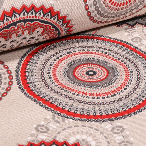 Tissu Toile de Coton Rosaces mandala rouge sur fond Naturel