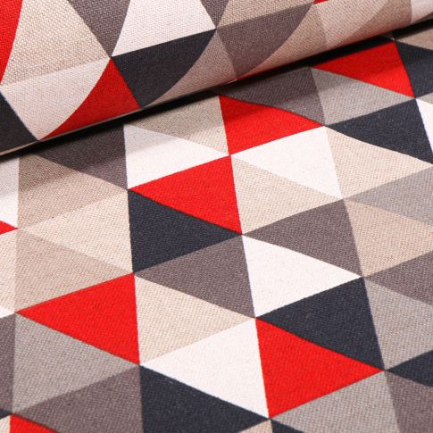 Tissu Toile de Coton Triangles rouge et gris sur fond Naturel