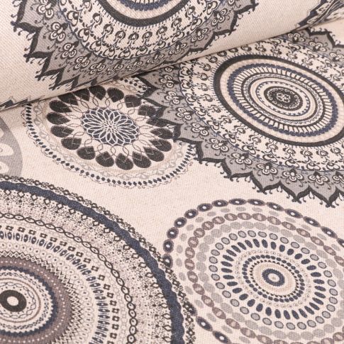 Tissu Toile de Coton Rosaces mandala gris sur fond Naturel