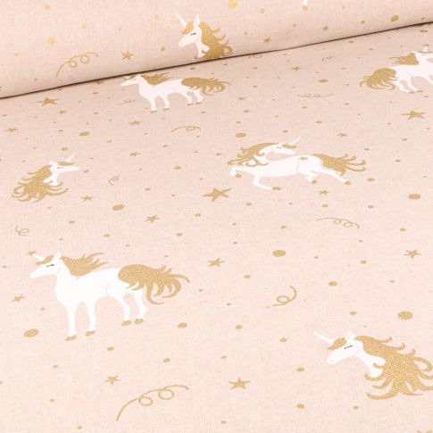 Tissu Toile de Coton Licornes et arc en ciel dorés sur fond Naturel