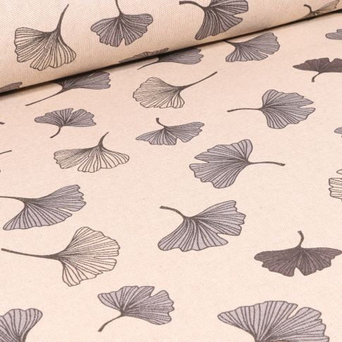 Tissu Toile de Coton Feuilles de Ginko sur fond Naturel
