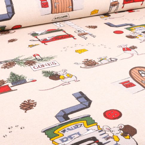 Tissu Toile de Coton Petites souris en action sur fond Naturel