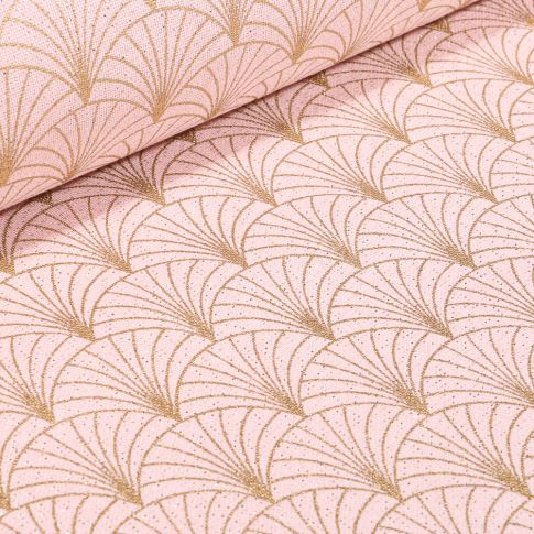 Tissu Toile Polycoton Lurex Eventails Rose