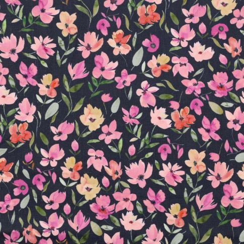 Tissu Velours milleraies Poppy Fleurs roses sur fond Bleu marine
