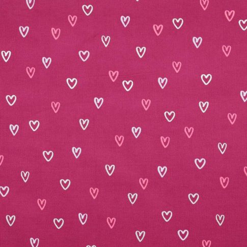 Tissu Velours milleraies imprimé Coeurs roses sur fond Rose fuchsia