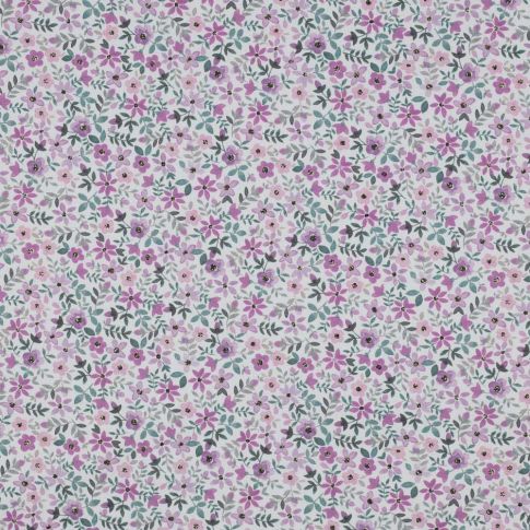 Tissu Popeline de Coton Poppy digital Petites fleurs lilas sur fond Blanc