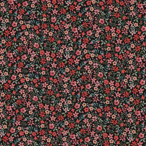 Tissu Popeline de Coton Poppy digital Petites fleurs rouges sur fond Noir