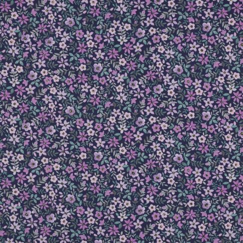 Tissu Popeline de Coton Poppy digital Petites fleurs mauves sur fond Bleu marine