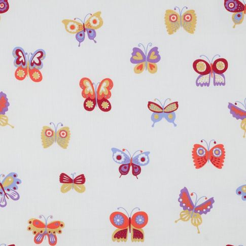 Tissu Popeline de Coton  papillons Popi multicolores sur fond Blanc