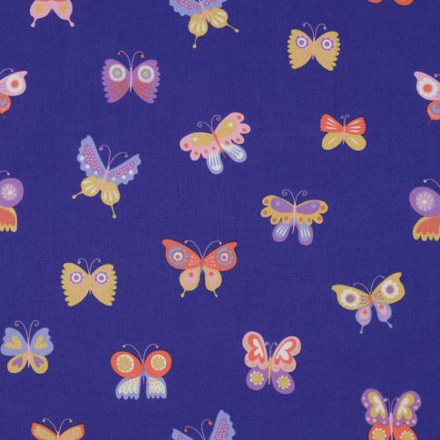 Tissu Popeline de Coton  papillons Popi multicolores sur fond Bleu roi
