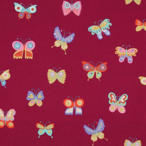 Tissu Popeline de Coton  papillons Popi multicolores sur fond Bordeaux