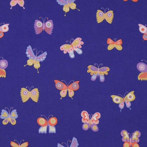Tissu Coton imprimé Poppy Papillons glitter sur fond Bleu cobalt
