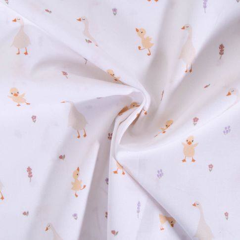 Tissu Popeline de Coton Bio LittleBird oies sur fond Blanc
