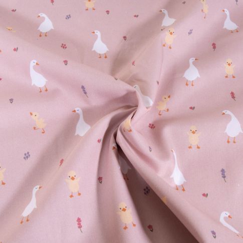 Tissu Popeline de Coton Bio LittleBird oies sur fond Rose