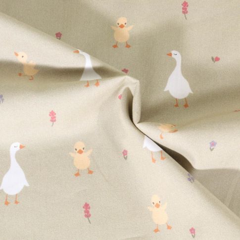 Tissu Coton imprimé Poppy Poussin jaune et canard blanc sur fond Beige
