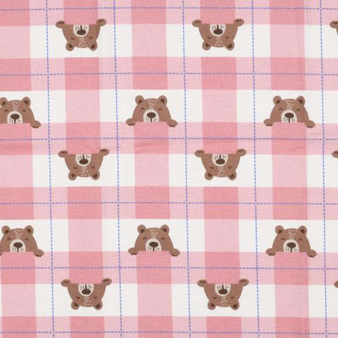 Tissu Flanelle de Coton Poppy Carreaux roses et oursons marron sur fond Blanc