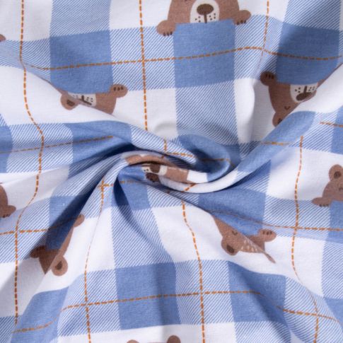 Tissu Flanelle de Coton Poppy Carreaux et têtes d'ours sur fond Blanc