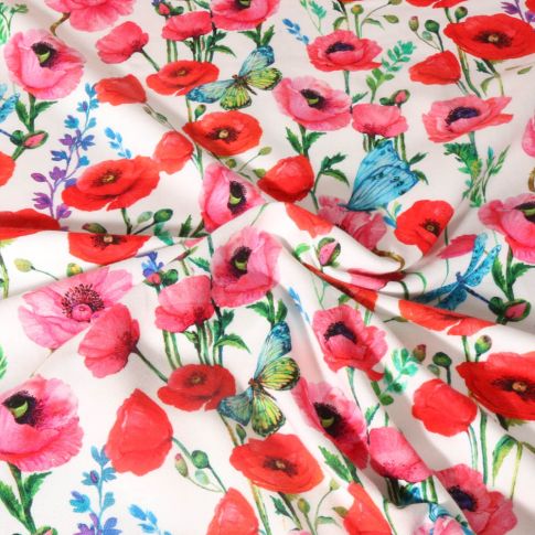 Tissu Sweat léger French Terry digital Coquelicot rouge sur fond Blanc