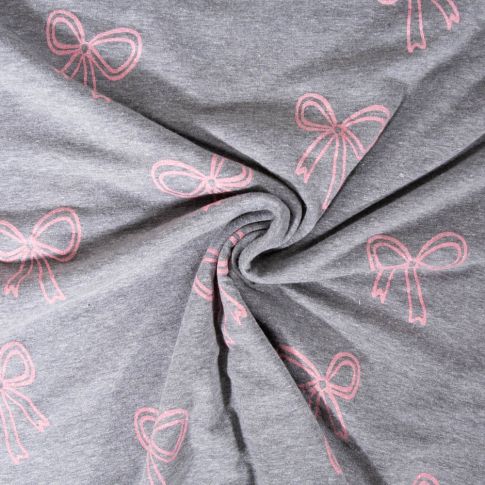 Tissu Jersey Mélangé Poppy Noeuds pailletés roses sur fond Gris chiné