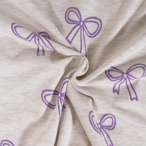 Tissu Jersey Mélangé Poppy Noeuds pailletés violets sur fond Ecru chiné