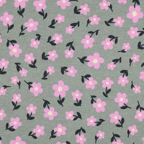 Tissu Sweat envers molleton Poppy Fleurs roses sur fond Vert chiné