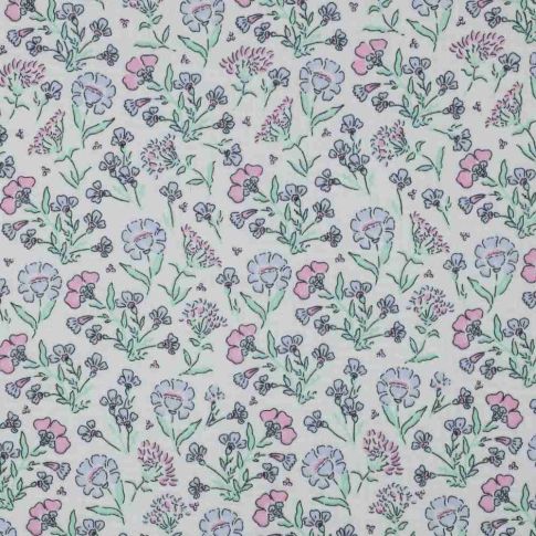 Tissu Double gaze fleurs Daisy bleues sur fond Blanc cassé