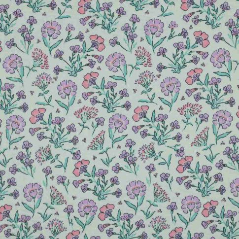 Tissu Double gaze fleurs Daisy lavandes sur fond Vert d'eau