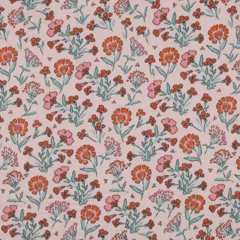 Tissu Double gaze fleurs Daisy rouges sur fond Rose poudré