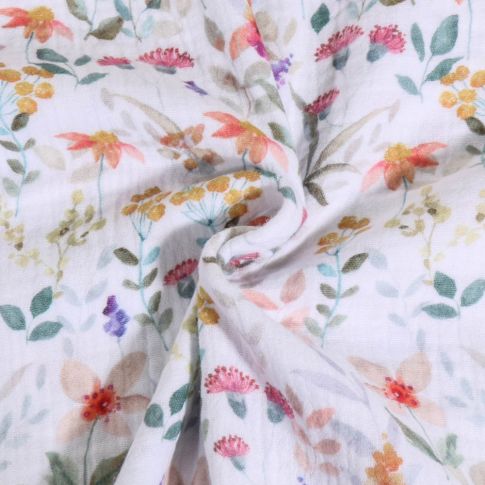 Tissu Double gaze de Coton Digital Fleuris Lia sur fond Blanc