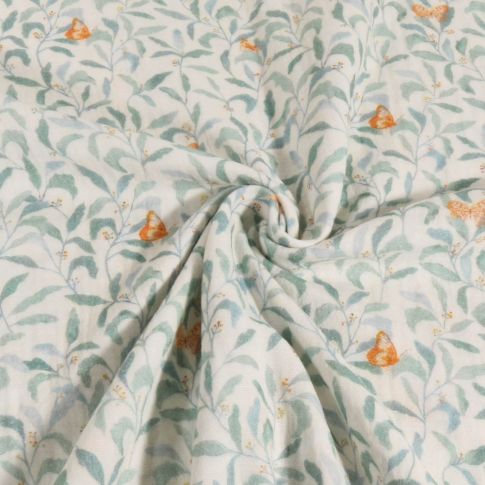 Tissu Double gaze de Coton Feuilles vertes et papillons sur fond Blanc