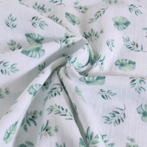 Tissu Double gaze de Coton Feuilles d'eucalyptus vertes sur fond Blanc