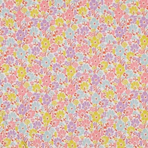 Tissu Coton enduit Poppy Fleurs pastels sur fond Blanc