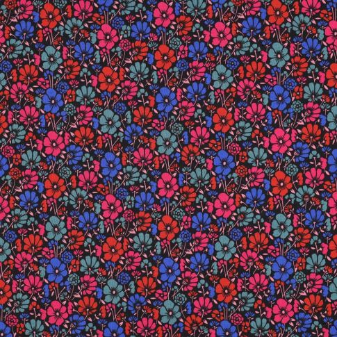 Tissu Coton enduit Poppy Fleurs rouges et bleues sur fond Noir