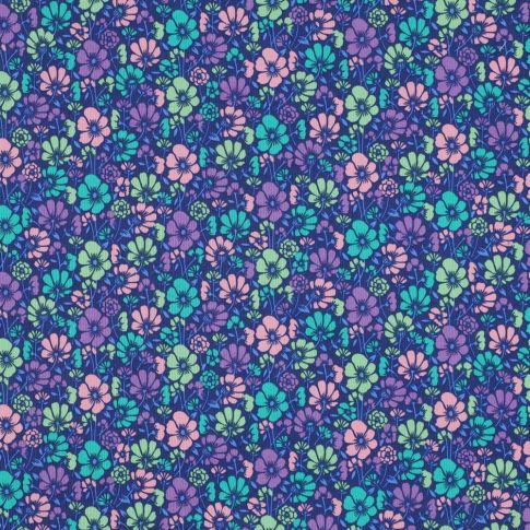 Tissu Coton enduit Poppy Fleurs Lilas et turquoise sur fond Bleu