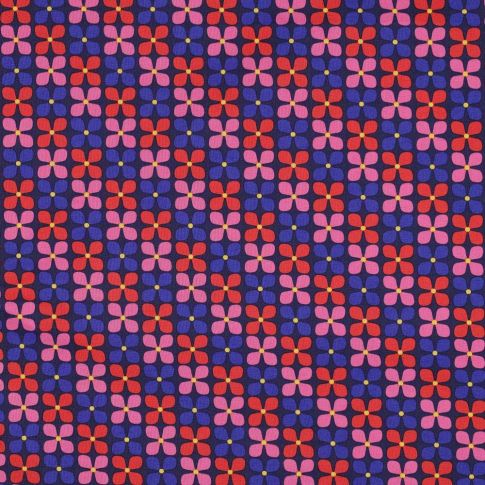 Tissu Coton enduit Poppy Fleur bleue et rouge sur fond Bleu marine