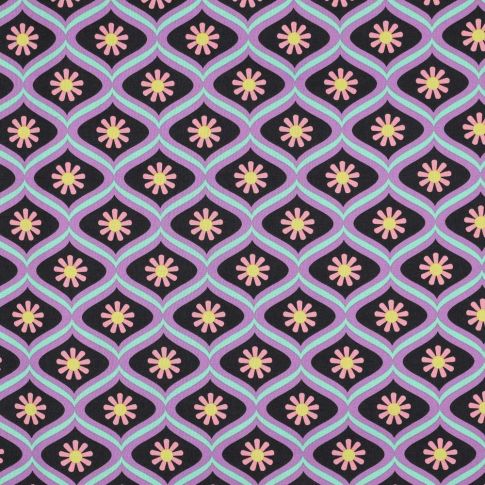Tissu Coton enduit Poppy Fleur retro mauve sur fond Noir