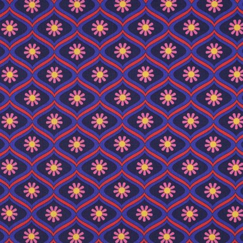 Tissu Coton enduit Poppy Fleur retro mauve et rose sur fond Bleu marine