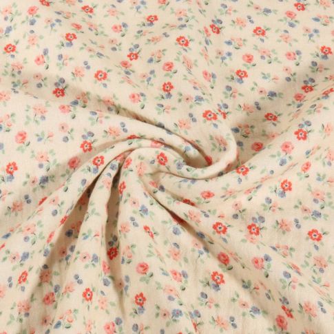Tissu Double gaze de Coton Digital Poppy Petites fleurs sur fond Crème