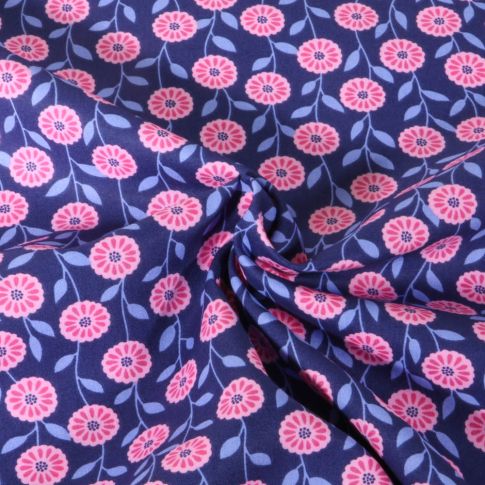 Tissu Popeline de Coton Poppy Petites fleurs roses sur fond Bleu marine