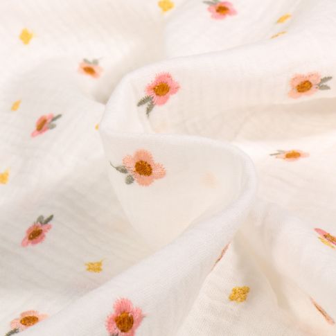 Tissu Double gaze Lalou brodé sur fond Blanc